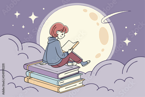 88 Whimsical illustration, child with red hair sitting on giant books, reading under starry night sky, glowing moon, dreamy clouds, magical atmosphere, soft pastel colors, children's book style, digit