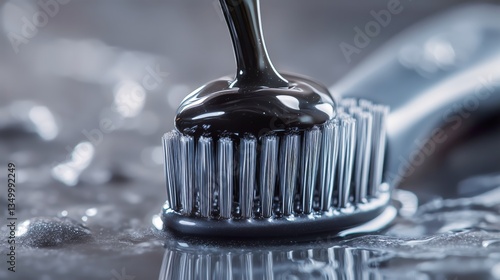 Unique Charcoal Toothpaste Dripping Onto a Toothbrush on a Dark Surface