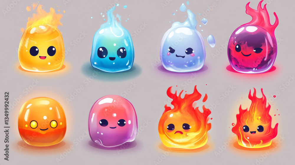 Naklejka premium Funny fantasy round monsters for game interface. Vector cartoon icons set of cute ball characters with texture of green jelly, candy, ice and hot magma isolated on background