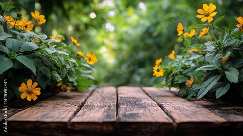 Wooden Pathway Surrounded by Vibrant Yellow Flowers in a Lush Green Garden