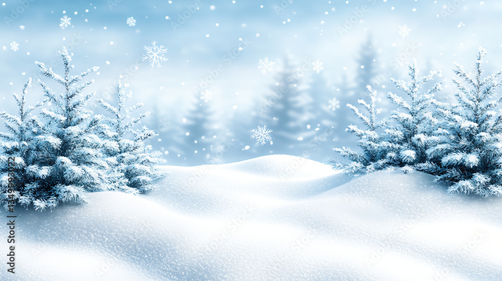 Fototapeta premium Snowflakes gently drifting downward creating a magical winter scene surrounded by tall trees covered in fresh snow under a bright sky.