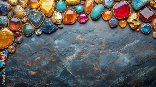 Decorative Arrangement of Colorful Gemstones on a Dark Stone Background