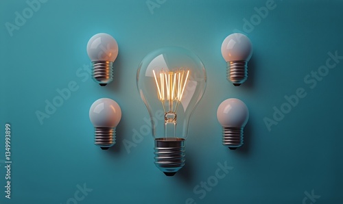 Creative Arrangement of Vintage Light Bulbs in Warm Glow Against Blue Background