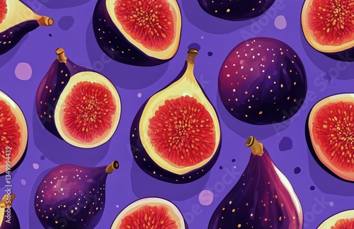 Colorful Figs Arranged on a Purple Background With Leaves for a Vibrant Decor...