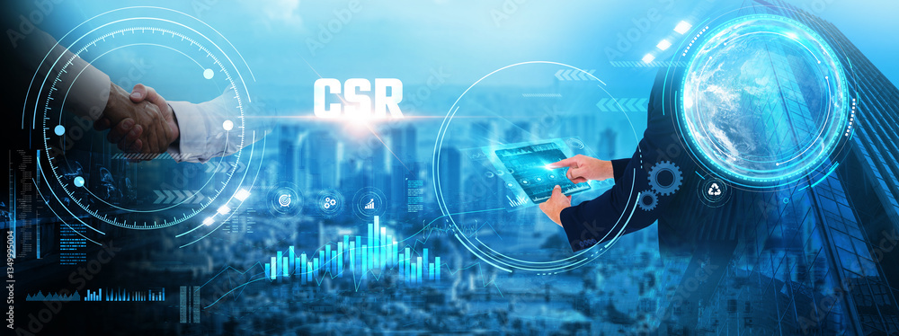 CSR: Businessman analyzing sustainable futuristic data and growth. Ethical business practices, environmental impact, social engagement, community development, corporate governance CSR: Businessman analyzing sustainable futuristic data and growth. Ethical business practices, environmental impact, social engagement, community development, corporate governance