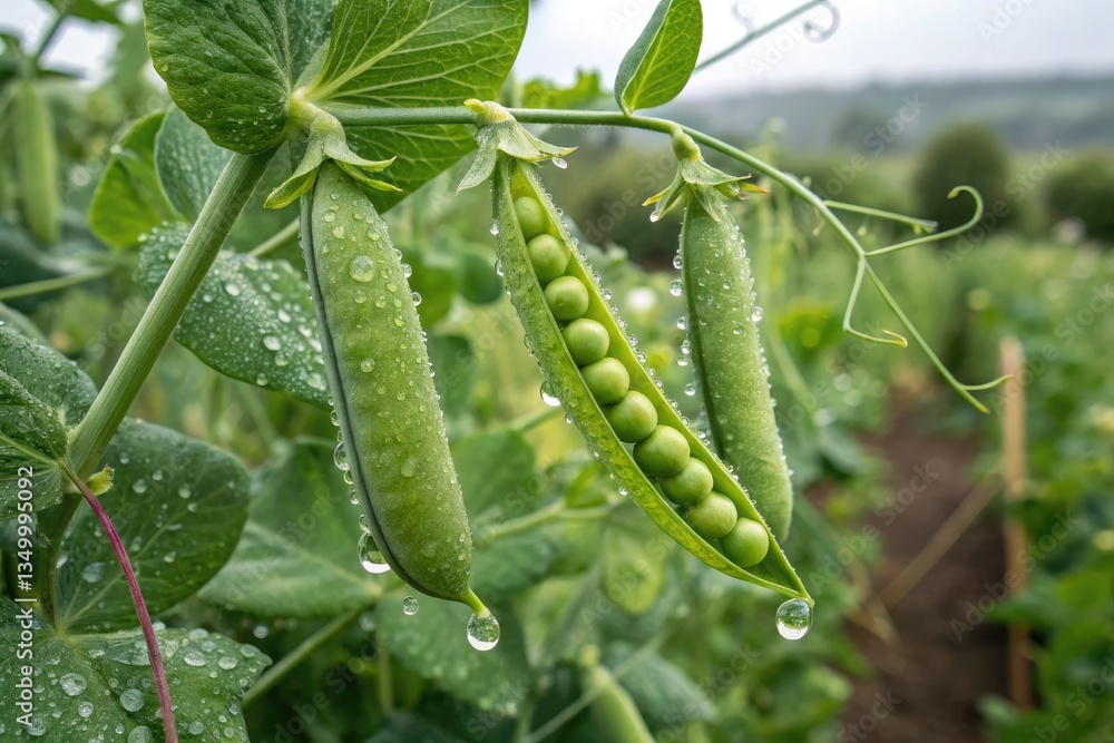 Naklejka premium Fresh Peas Growing on a Vine in a Rain-Soaked Garden Generative AI