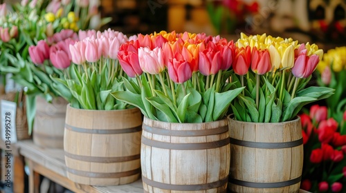 Colorful Tulips and Flowers Arranged in Wooden Pots at a Market in Springtime...