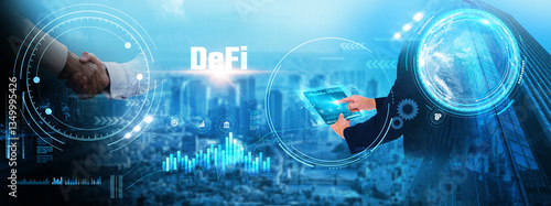 Decentralized Finance (DeFi): Businessman analyzing blockchain-based futuristic data and growth. Cryptocurrency trends, smart contracts, peer-to-peer lending, decentralized exchanges, tokenization