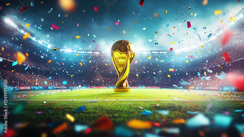 World Cup Trophy on Green Football Field with Vibrant Confetti Amid Bright Stadium Lights Symbolizing Victory and Glory - Football World Cup 2025 Festive Banner 4K Background Download