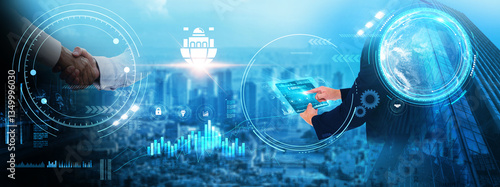 Tableau sur toile E-governance: Businessman analyzing digital futuristic data and growth