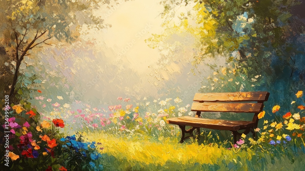 Obraz premium Peaceful park bench in a vibrant flower garden bathed in sunlight