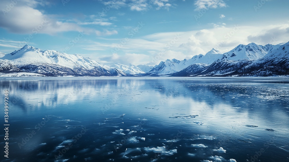 Serene Winter Landscape: Frozen Lake and Snow-Capped Mountains Serene Winter Landscape: Frozen Lake and Snow-Capped Mountains