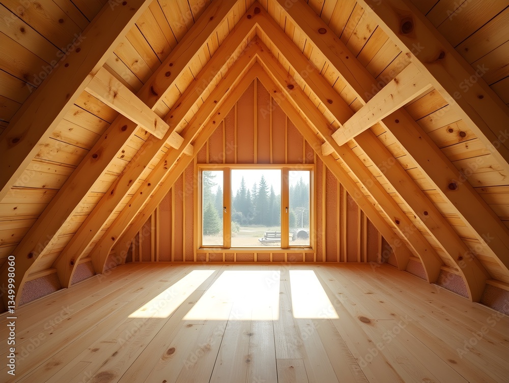 Wooden frame house with mineral wool insulation and sunlight entering through windows Wooden frame house with mineral wool insulation and sunlight entering through windows