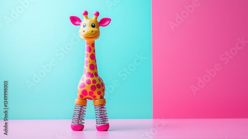 Playful giraffe toy with spring legs on dual-toned background