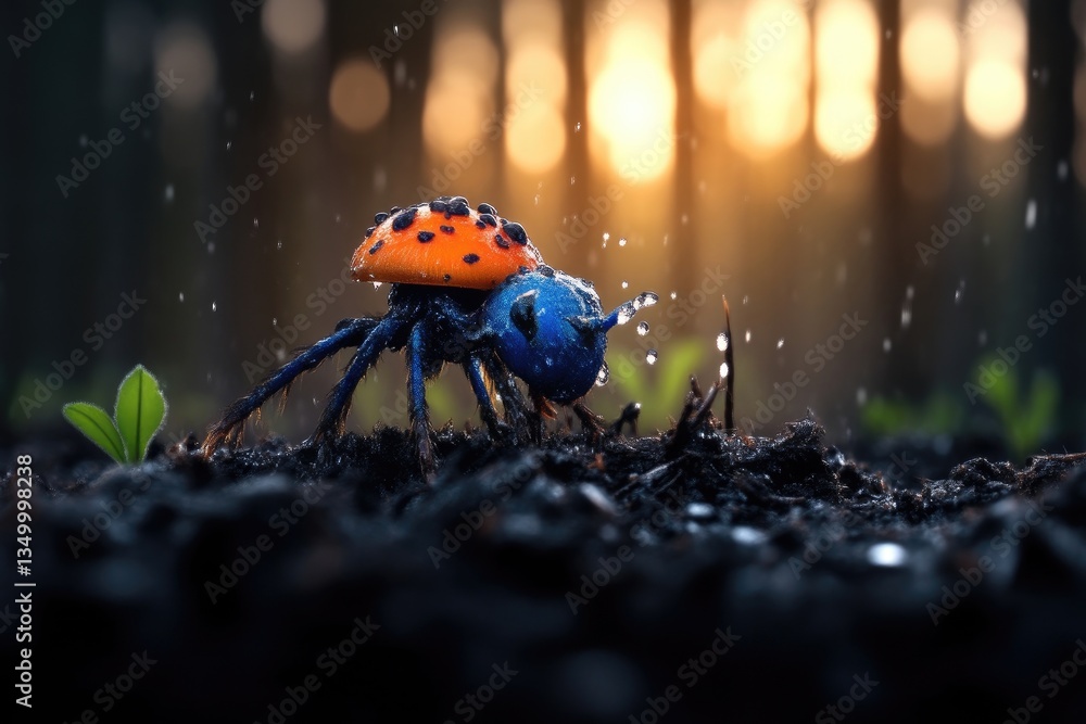 Obraz premium Vibrant insect on damp earth, illuminated by golden light. Water droplets accentuate the creature's vibrant colors