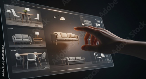 Hand interacting with furniture catalog on transparent display. Home interior design application showcasing modern living room ideas for renovation project.