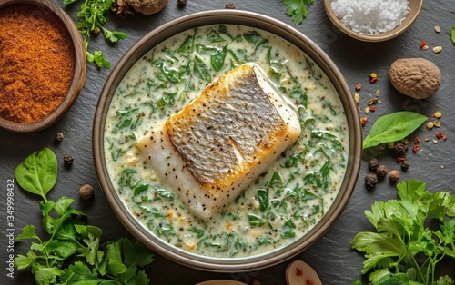 Delicious Fish Fillet in Creamy Spinach Sauce Garnished With Fresh Herbs and ...