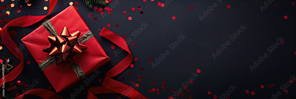 horizontal black Friday banner, minimalistic background, gift box with red bow, top view, fashionable modern design, copy space, free space for text horizontal black Friday banner, minimalistic background, gift box with red bow, top view, fashionable modern design, copy space, free space for text