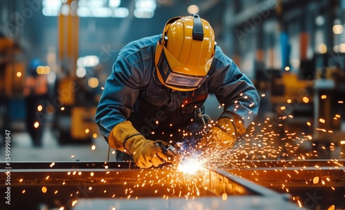 Worker Welding Metal in a Busy Industrial Workshop With Sparks Flying at Dusk
