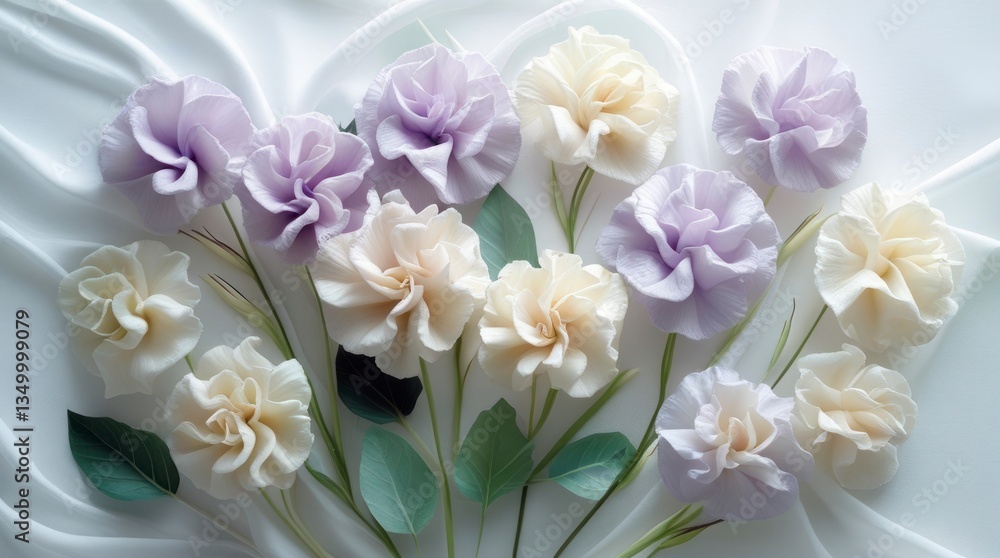 freshly bloomed eustoma flowers with soft, ruffled petals in shades of pale purple and creamy white freshly bloomed eustoma flowers with soft, ruffled petals in shades of pale purple and creamy white