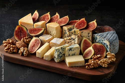 Cheese Platter With Assorted Varieties, Figs, Nuts and Herbs on a Wooden Boar...
