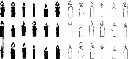 Candle icon in flat, line style set. isolated on transparent background