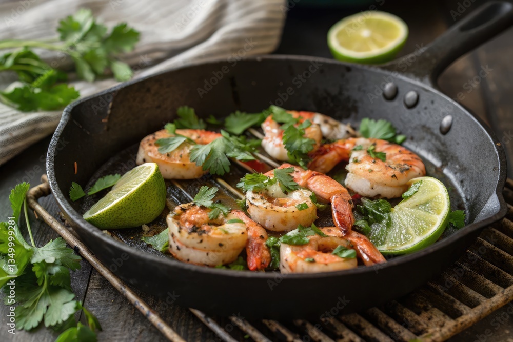 Grilled Shrimp With Lime and Fresh Cilantro Garnishing Skillet Generative AI Grilled Shrimp With Lime and Fresh Cilantro Garnishing Skillet Generative AI