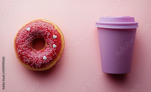 Colorful Donut and Pink Coffee Cup on Pastel Pink Background in a Cozy Setting