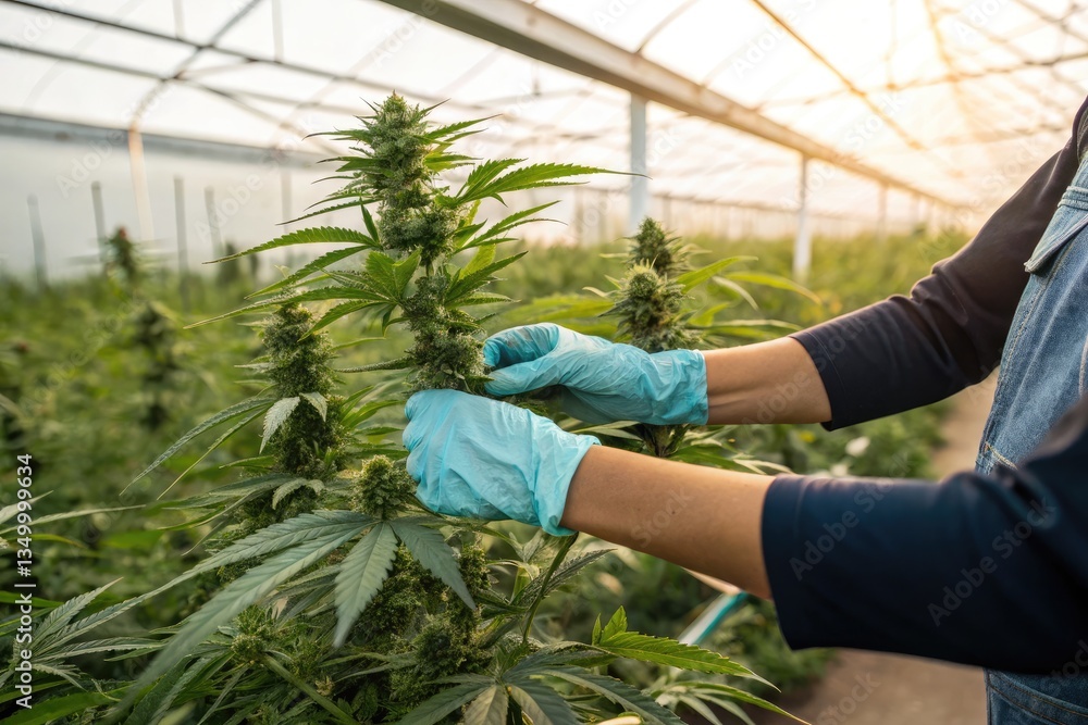 Hands Tending to Cannabis Plants Inside a Greenhouse Generative AI Hands Tending to Cannabis Plants Inside a Greenhouse Generative AI