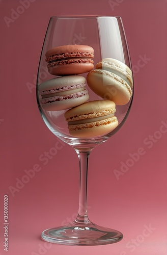 Macarons Displayed in a Glass With a Pink Background Creating an Elegant Dess...