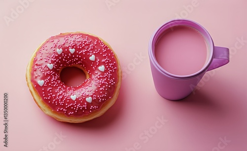 Colorful Donut and Pink Coffee Cup on Pastel Pink Background in a Cozy Setting