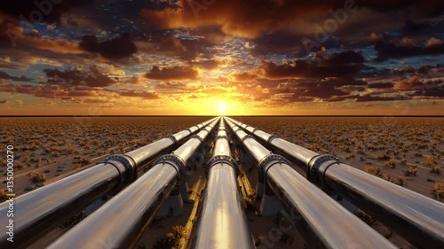 A network of metal pipelines stretches across a desert landscape at sunset, symbolizing energy transportation and infrastructure.