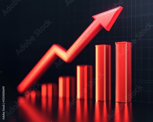 A dynamic graph showcasing increasing growth, represented by red bars and an upward arrow against a dark background.