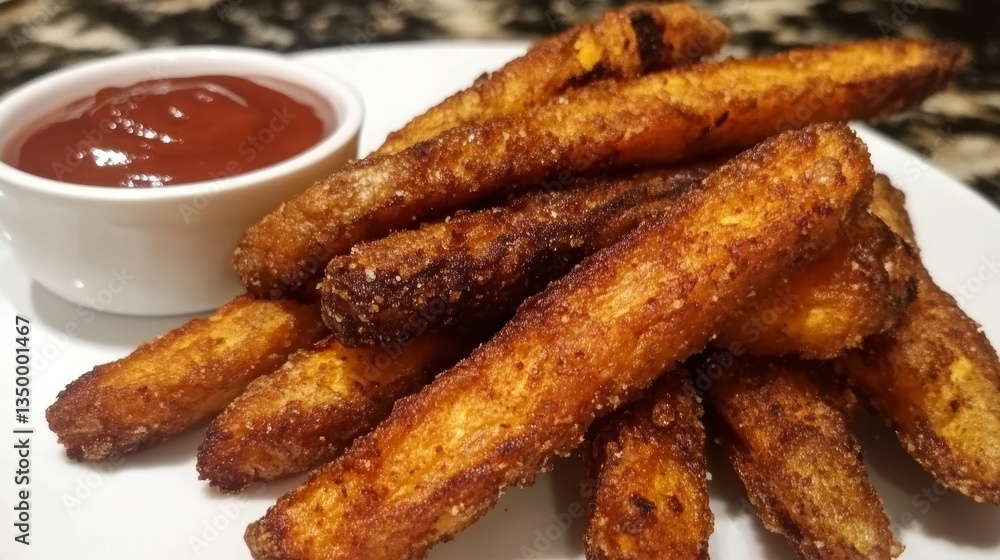 Crispy sweet potato fries served with ketchup on a white plate. Crispy sweet potato fries served with ketchup on a white plate.