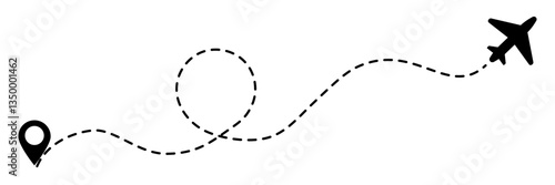 Minimalist airplane travel path with map pins. Dashed route line representing a plane journey, romantic trip, business travel, and flight routes. Vector illustration isolated on a transparent backgrou