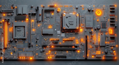 Circuit Board With Glowing Elements and Intricate Connections Illuminated in ...