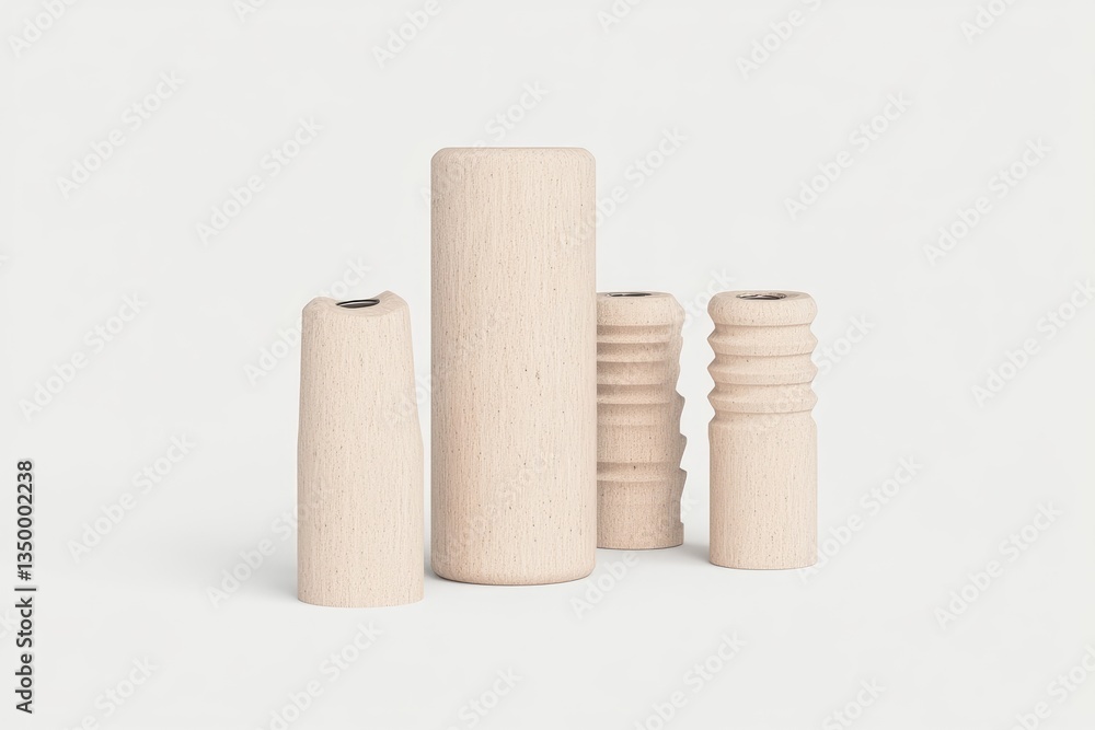 Set of four light beige wooden decorative objects, varying in shape and texture. Simple, minimalist design Set of four light beige wooden decorative objects, varying in shape and texture. Simple, minimalist design