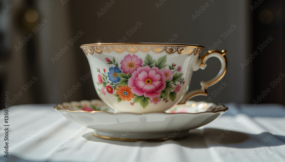 Fototapeta premium Elegant floral porcelain cup and saucer against soft background 