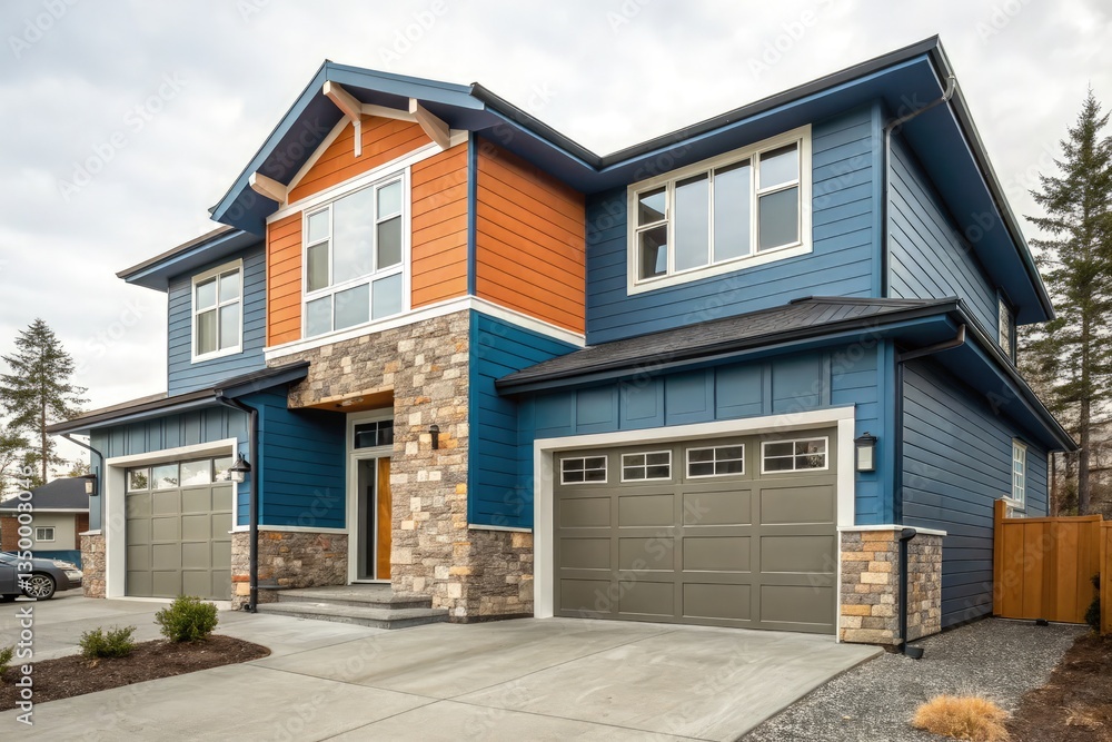 A Newly Constructed Two-Story House Featuring Vibrant Orange and Blue Siding A Newly Constructed Two-Story House Featuring Vibrant Orange and Blue Siding