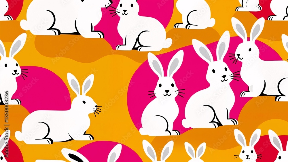 Naklejka premium A pattern of white rabbits on an orange and pink background.