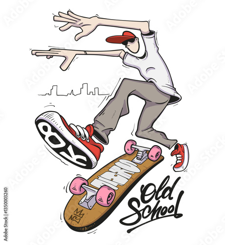 Skater jumping, riding skateboard. Young cool man, trick and stunt on skate board, movement in airwith slogan in graffiti style