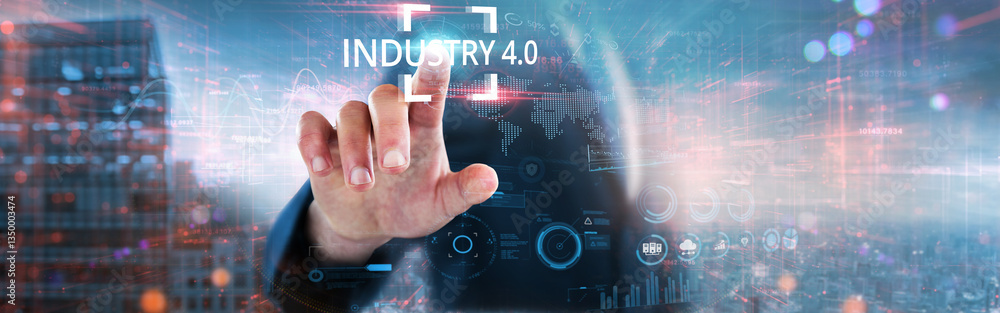 Obraz premium Industry 4.0: Businessman touches futuristic data and global network, automation, smart manufacturing, IoT integration, data analytics, cyber-physical systems, and real-time monitoring.