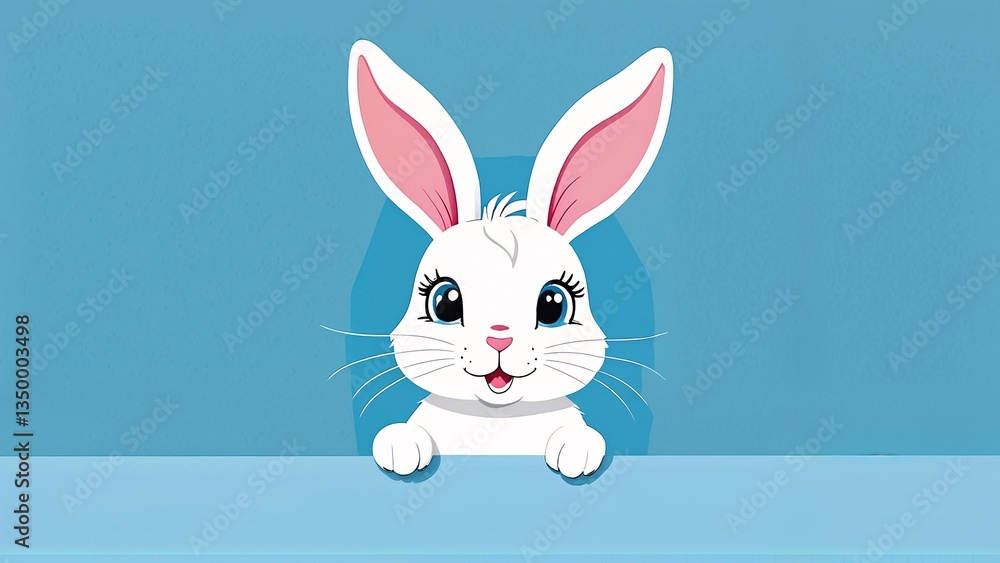 Fototapeta premium A white rabbit peeking out from behind a blue wall.