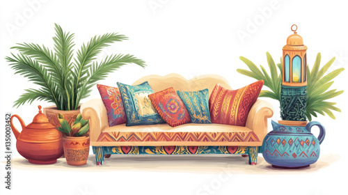 Wallpaper Mural Set of interior furniture and stuff in arabic style, couch with pillows, lanterns and potted plant with teapot on table, oriental arab items, isolated cartoon vector illustration, icons, clip art Torontodigital.ca