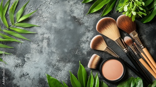 Natural Beauty Products Arranged With Green Leaves on a Light Background