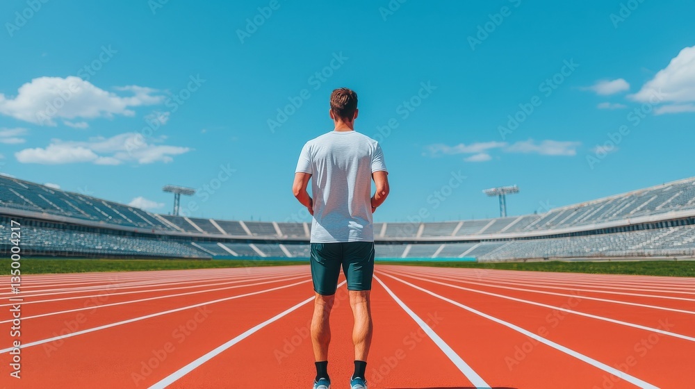 A runner stands on a bright red track inside a large stadium, gazing towards the finish line under a clear blue sky. A runner stands on a bright red track inside a large stadium, gazing towards the finish line under a clear blue sky.