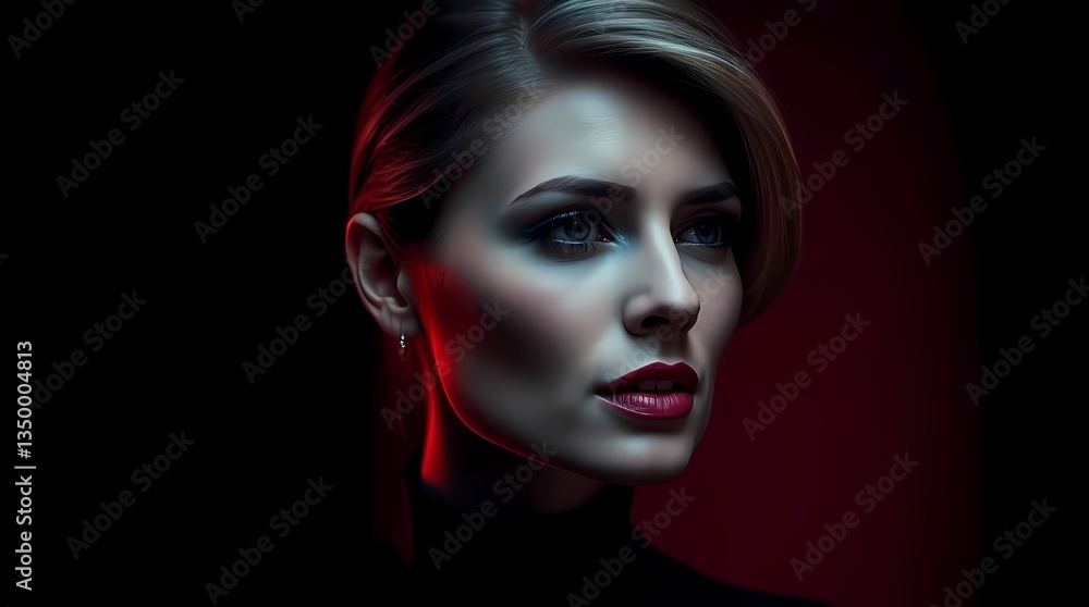 Sophisticated Glance: A portrait of a striking woman with alluring makeup, bathed in dramatic lighting, exudes confidence and poise. Sophisticated Glance: A portrait of a striking woman with alluring makeup, bathed in dramatic lighting, exudes confidence and poise.