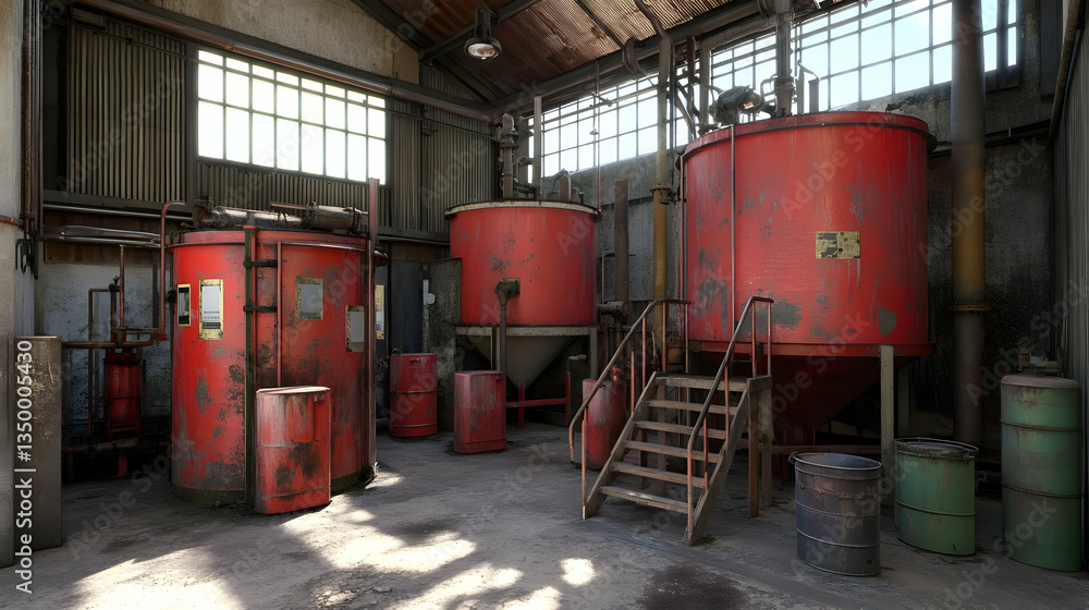 Vibrant Chemical Storage Tanks in a Rustic Industrial Studio Vibrant Chemical Storage Tanks in a Rustic Industrial Studio