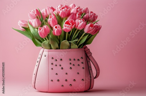 Pink Tulips Arranged in a Stylish Handbag Against a Pastel Background