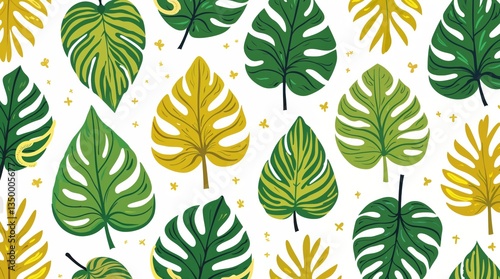 A vibrant tropical leaf pattern with hand-drawn monstera and philodendron leaves in shades of green and gold. Fresh and lively, perfect for textiles and design.